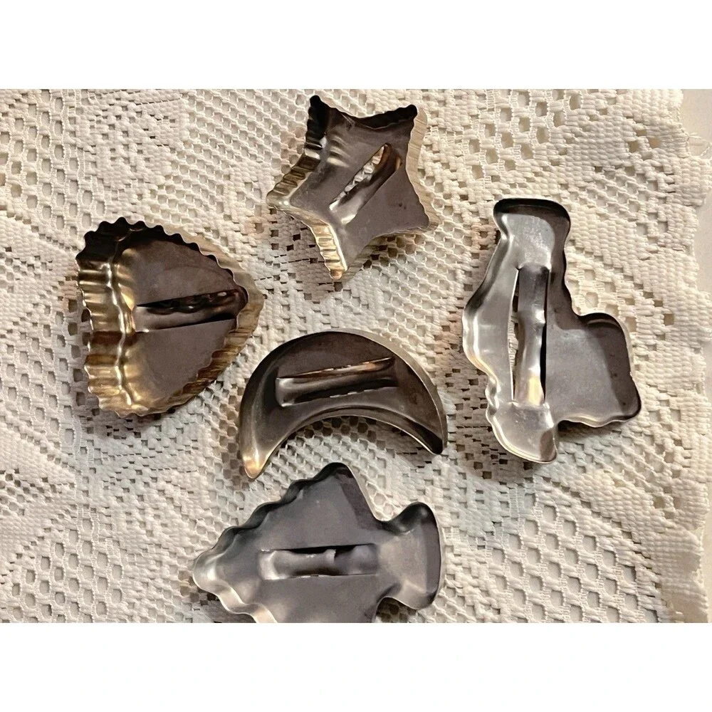 Vintage Aluminum Christmas Cookie Cutter Set Santa Tree Heart Moon Star 5 Pc